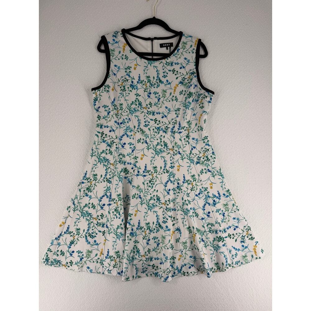 DKNY Womens Dress XL Floral Print Sleeveless Fit Flare A Line White Multicolor